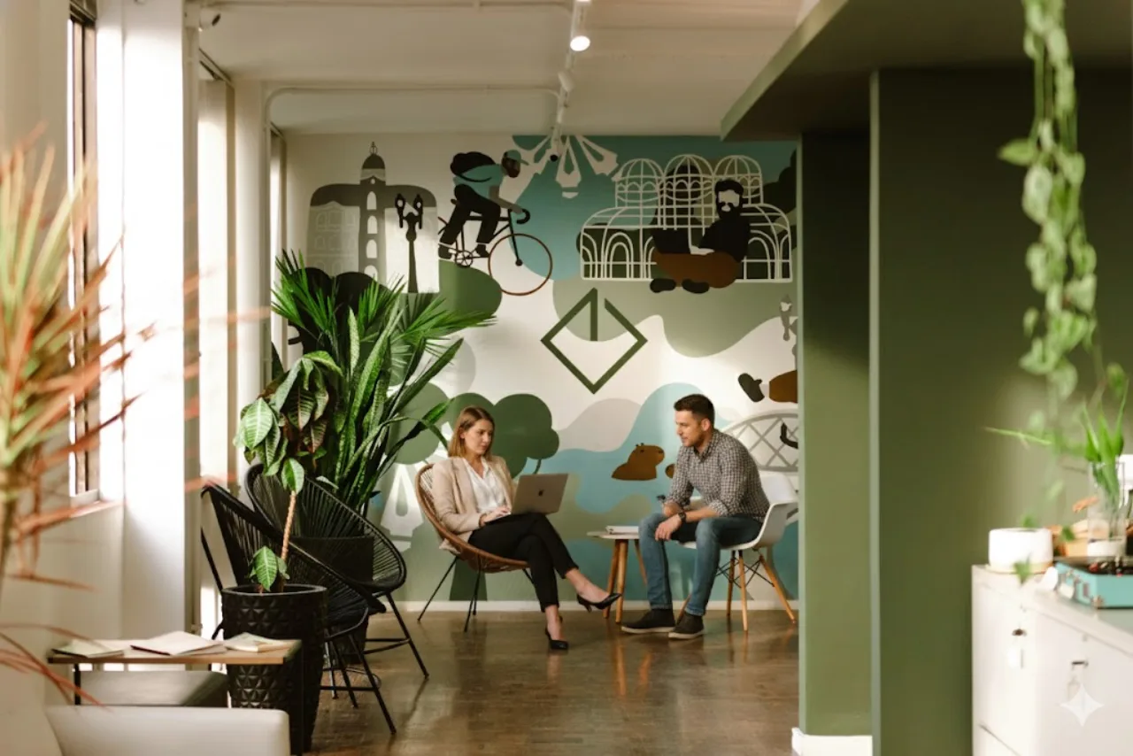 Lounge do Esquina Coworking com mural e espaço de convivência